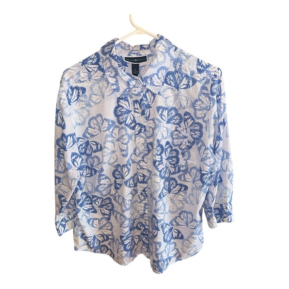Karen Scott Tops - Karen Scott Blue and White Artistic Button Down Shirt